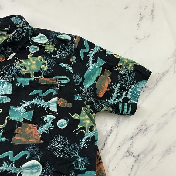 LRG Mens Button Up Shirt Size L Black Blue Ocean Sea Life Octopus Fish Print - Picture 3 of 12